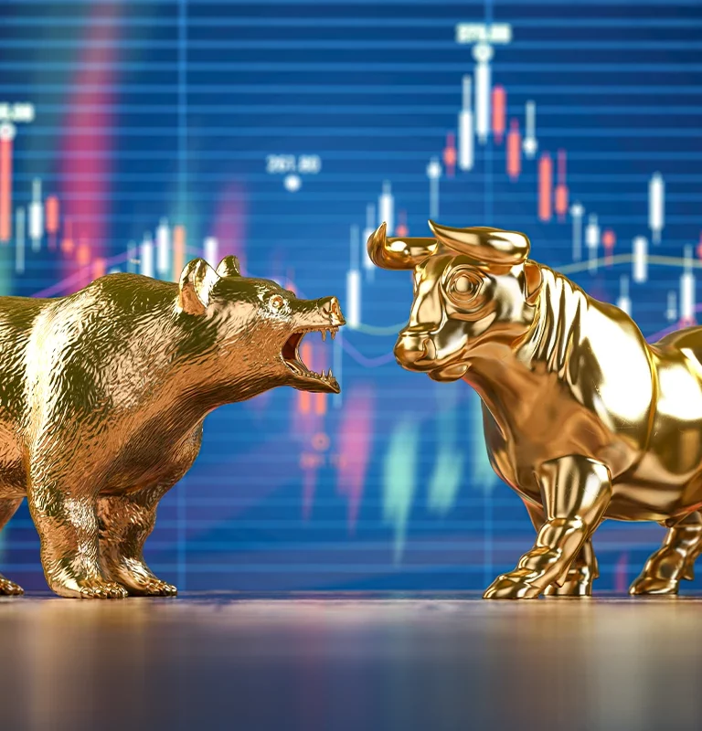 Imagem mostra touro e urso na frente de um gráfico fazendo alusão a bull market e bear market